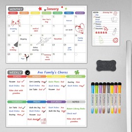 Magnetic Dry Erase Calendar Whiteboard Set (3-Pack) for Refrigerator, Wall, and Fridge Organization with Monthly, Weekly, and Daily Notepads. Comes with 8 Markers and 1 Eraser