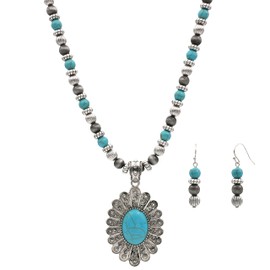 Elosee Western Style Faux Navajo Pearl Concho Turquoise Stone Pendant 18 Inch Necklace and Matching Beads Earrings