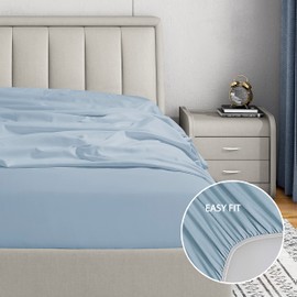 Cathay Home Luxury Wrinkle and Fade Resistant Double Brushed Ultra Soft Microfiber 14-Inch Standard Pocket Single Fitted Sheet, Blue Fog, Twin