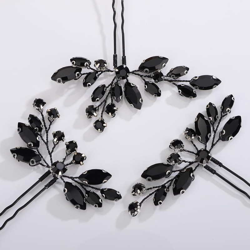 Teyglen 3pcs Black Rhinestone Hair Pins Set - Handmade Crystal