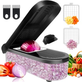 LHS Multifunctional Food Chopper - Onion, Vegetable Slicer Dicer Cutter, Potato Cutter - Veggie Chopper with Container (4 in 1, Black)