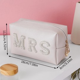 Preppy Patch Makeup Bag,Travel Cosmetic Bags PU Leather Portable Waterproof Toiletry Storage Case with Chenille Letter Zipper Daily Use Pouch for Women,Pearl Beige MRS
