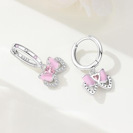 MISEFF 925 Sterling Silver Drop & Dangle Earrings for Women,Butterfly Dragonfly and Bee|Flower and leaf Earrings, Suitable for Sensitive Ears Fashion Jewelry Gift- Hypoallergenic Earrings (Pink bow)