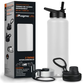 Magma Life Termo para Café y Agua de Acero Inoxidable 40 Oz (1200 ml): Contiene 3 Tapas para Diferentes tipos de Bebidas, Ideal para Mantener la Temperatura Deseada (White)