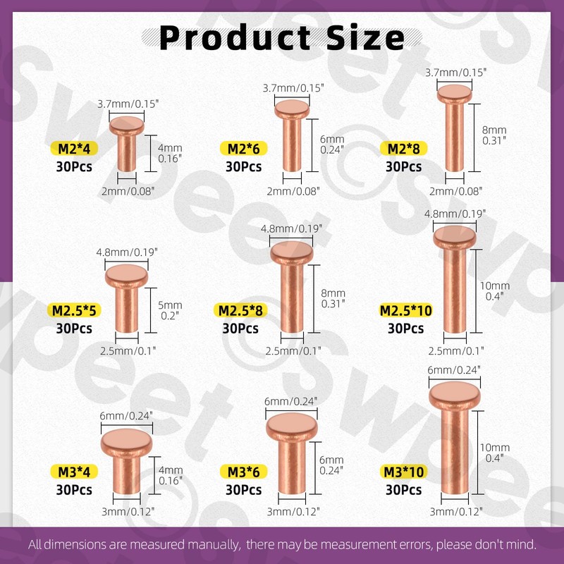 Swpeet 270Pcs M2 M2.5 M3 Flat Head Copper Solid Rivet