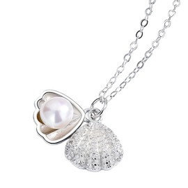 NicoWerk SKE755 Women's Silver Necklace Shell Made of 925 Sterling Silver Filigree Unusual Playful Smooth with Stone Structure Shiny Pearl
