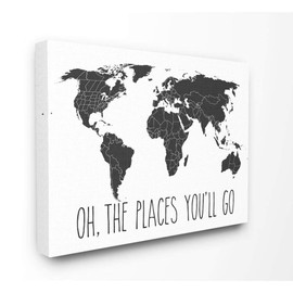 Stupell Industries Black and White Map Oh The Places You'll Go Typography Canvas Wall Art, 16 x 20, Design by Artist Lettered and Lined