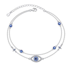 Flyow Anklet for Women 925 Sterling Silver Blue Evil Eye Adjustable Multilayer Anklet for Women, Silver
