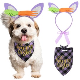 PICKUPIK Dog Easter Outfit, Dog Bunny Ears and Easter Dog Bandana with Golden Words, Purple