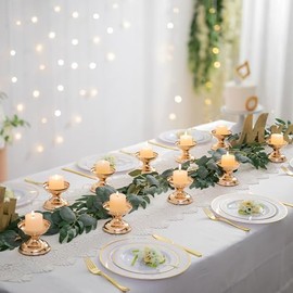 NUPTIO - Portavelas dorados para boda: 2 piezas, candelabro de pilar, soporte de pedestal, portavelas pequeño redondo de metal, candelabro votivo para mesa de comedor, sala de estar, manto de chimenea