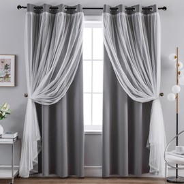 Anytime Home Curtains Blackout and Sheer Layered Solid Window Curtain Panel Pair with Grommet Top, 52Wx63L,Grey