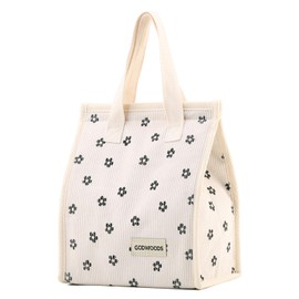 TELLUMO Corduroy Lunch Tote Bag for Women Cute Insulated Lunch Box with Large Capacity (7.5L) Reusable Lunchbag for Work, Picnic or Travel (Corduroy Black Club)