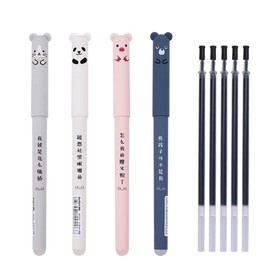 MIATTCLD 4pcs 0.35mm Erasable Gel Pens + 5pcs Replacement Refills, Cute Kawaii Cartoon Cat Pig Bear Panda Animal Gel Ink Black Pen Ballpoint for Writing Note (4)