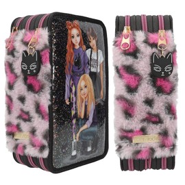 Depesche 13017 TOPModel Rebel Kitty - Filled 3-Compartment Pencil Case in Black, with Model Motif, Glitter and Leo Fur, Pencil Case with Colouring Pencils, Ruler, Scissors and Much More
