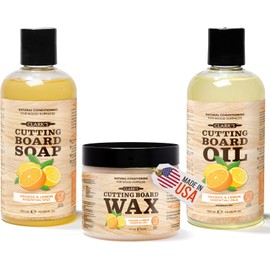 CLARK'S Cutting Board Oil (12oz), Wood Wax (6oz) and Cleaner (12oz) Set – Food-Grade Mineral Oil for Wood Cutting Board - Scented with Orange & Lemon Essential Oils - Made in USA