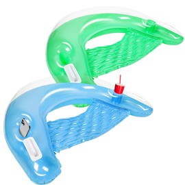 Zcaukya 2 Packs Inflatable Pool Float Chairs, Water Lounge Floaties for Adults with Cup Holder and Backrest, Floating Tube Armchairs for Swimming Pool Summer Parties, Green & Blue