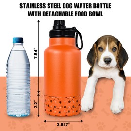 AGH Dog Water Bottle, 32oz Portable Dog Water Bottle with Detachable Bowl Food Feeding, Double Wall Vacuum Flask Stainless Steel Dog Travel Water Bottle for Walking and Hiking, Orange