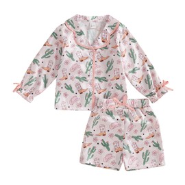 MAINESAKA Toddler Baby Girl Satin Pajama Set 2Piece Silk Pjs Western Sleepwear Long Sleeve Button Down Top And Shorts Pajamas (A-Pink, 12-18 Months)