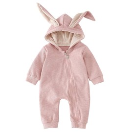 Momkonzz Newborn Baby Girl Easter Outfit My First Easter Onesie Infant Bunny Romper Long Sleeve Zip Up Jumpsuit Rabbit Ears Clothes Hooded Bodysuit Pink 9-12 Months