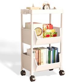 3-Tier Rolling Utility Cart with Wheels & 4 Practical Hooks, Storage Organizer for Kitchen, Bathroom, Bedroom, Office (Off- White)