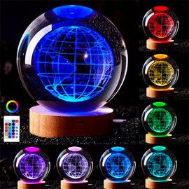 3D Earth Crystal Ball Lamp,3.15 inch K9 Crystal Ball Night Light with Wooden Base,Lifelike 3D LED Night Light,16 Colors Changing Light,Dimmable Remote Control,Desk lamp (D)