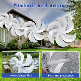 10 Meters 8 Pieces Windmills Reflective Bird Repellent, 12 Inches Silver Wind Spinners for Outdoor Yard Garden Lawn Farm Decor to Scare Birds, Large Shiny Rotating Pinwheels for Animal Deterrent