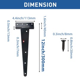 TamBee T-Strap Shed Hinge Gate Strap Heavy Duty Hinge Door Barn Gates Hinges Black Wrought Hardware Iron Rustproof (4, 12inch)