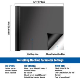 Heat Transfer Vinyl, 12" x 5ft Iron On Vinyl PU for Fabric, DIY T-Shirt, Clothing, Pillows Fabric, Hats, Bags and Other Textiles (Black)