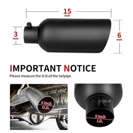 Richeer 3 to 6 inch Exhaust Tip, 3" inlet 6” Outlet 15” Overall Length Stainless Steel Exhaust Tip Black Powder Coated Finish Universal for Vehicles with 3" O.D. Exhaust Tailpipe, Rolled Edge, Bolt on