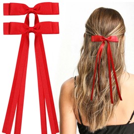 VOBOBE 2PCS Hair Bows for Women Girls, Tassel Ribbon Bowknot Hair Clips Barrettes for Girl with Small Long Tail Solid Satin Hair Accessories (Red-Glitter)