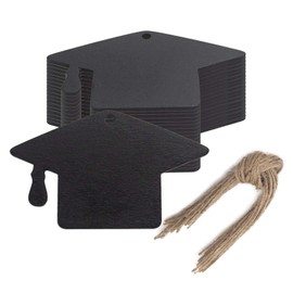 JANOU 20pcs Black Graduation Cap Wood DIY Craft Cutouts Grad Hat Wooden Embellishments Tags Ornaments with Ropes for Graduation Party Decoration, 3.9x2.4 in