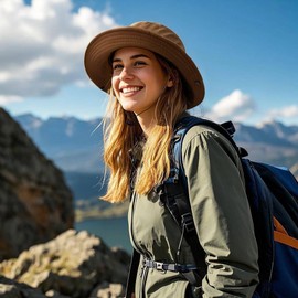 Clakllie Waterproof Fishing Hat UV Protection Hiking Hat Safari Hat Men's Safari Hat with Chin Strap Breathable Sun Protection Jungle Hat for Men and Women, H-XT05-Brown, Unit size