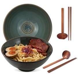 ArtifexCeram 8" Ceramic Ramen Bowl Set of 2, 40oz Japanese Bowls with Spoons & Chopsticks, Durable, Microwave & Dishwasher Safe, Perfect for Ramen, Pho, Salad, Soup, Udon, Noodles (Dark Teal)