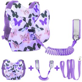 MTOMUYA Toddler Harness with Anti Lost Wrist Link - Adjustable Safety Leash for Kids, Breathable Baby Walking Reins Belt for Travel, Secure Wrist Strap for Crowded Parks, Airports (Purple Butterfly)