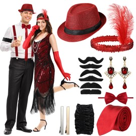 Croknit 1920s Couple Cosplay Costume Roaring Retro Gangster Costume Fringed Flapper Dresses for Women 1920 Mens Outfit(Black and Red,XL)