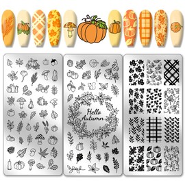 PH PandaHall Autumn Thanksgiving Theme Nail Stamping Plate 88 Patterns Stainless Steel Nail Stencil 3 Pieces Leaves Pumpkins Plaid Autumn Blessing Nail Art Plate for Nail Art Design 12 x 6 cm