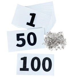 UISKOOPW Tyvek - Números de carrera con pasadores de seguridad, números de audición | Números de prueba 1-500 para corredores de maratón, eventos y juegos deportivos (blanco [4 x 7 pulgadas), 1-100)