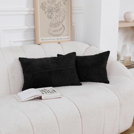 HWY 50 Black Corduroy Patchwork Throw Pillow Covers 12x20 Inch Rectangle, Set of 2, Soft Cozy Textured Decorative Cushion Cases for Couch Sofa Bed Living Room, Boho Striped Home Decor