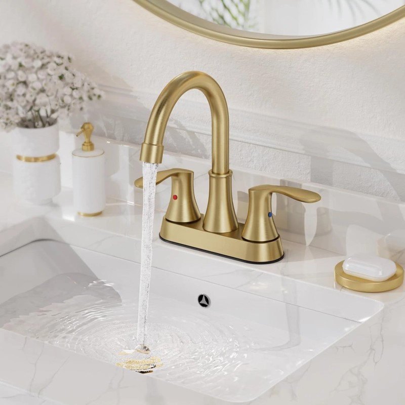 SHOWER-HOME Brushed Gold Bathroom Sink Faucet Waterfall 2-Handle Centerset Vanity
