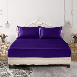 SiinvdaBZX 3-Piece Set Satin Queen Fitted Sheet & 2 Pillowcase, Purple Silky Soft Fitted Bottom Sheet, Wrinkle Free, Fade Resistant, Deep Pocket Bed Sheet (Deep Up to 15")
