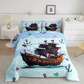 Pirate Ship Full Size Comforter Set Anchor Printed Bedding Set for Kids Adults Teens Cute Fish Comforter Luxury Nautical Theme Quilt Set Room Decor 3Pcs
