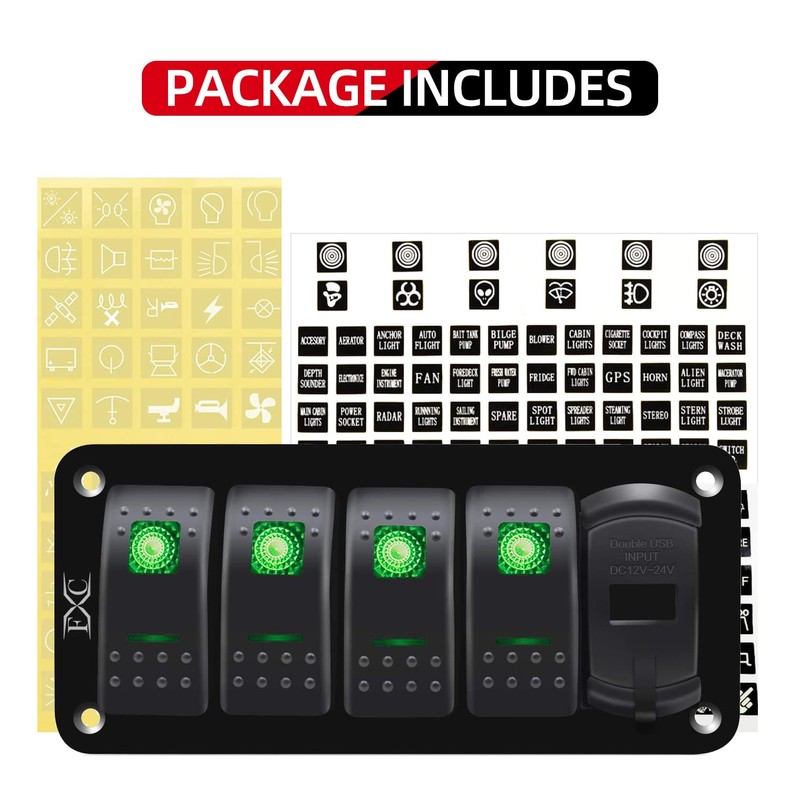 FXC 12V 24V DC 4 Gang Rocker Switch Aluminum Panel