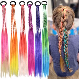Colored Hair Extensions for Kids,Braided Ponytail Extension,Hair Accessories for Girls,colored hair hair braids extensions,6pcs Crazy Hair Day Accessories hair tie with hair (6PCS Colorful Braids)