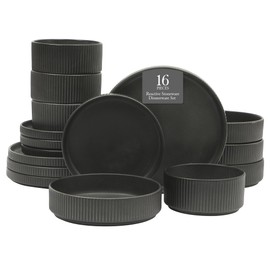 Gibson Elite Deerfield 16-Piece Stoneware Dinnerware Set – Matte Black Reactive Glaze Plates and Bowls, Stackable, Modern Design, Service for 4 – Microwave & Dishwasher Safe