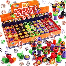 JOYIN - 50 sellos surtidos de Halloween, sellos de tinta para niños, 25 diseños de sellos de plástico, sellos de truco o trato, sellos espeluznantes p