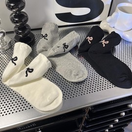 Weuiean HHJW-431 Women's Socks, 3 Colors, 3 Pairs Set, Bow Ribbon, Short, Crew Socks, High Socks, Cute, Bowknot Ribbon Pattern, 3 color