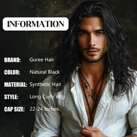 Guree Hair Mens Wig Long Curly Wavy Black Wigs for Men Heat Resistant Synthetic Male Wig for Daily Party Cosplay Costume Halloween Use (Black)