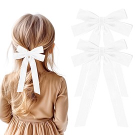2PCS White Hair Bows Soft Velvet Bow Hair Clip with Long Tail Hair Accessories for Women Girls Toddlers