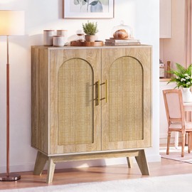Sideboard Buffet Cabinet with Storage, Rattan Storage Cabinet with Arched Doors & Solid Wood Legs, Coffee Bar Cabinet w/Adjustable Shelf for Kitchen, Living Room, Entryway, Natural