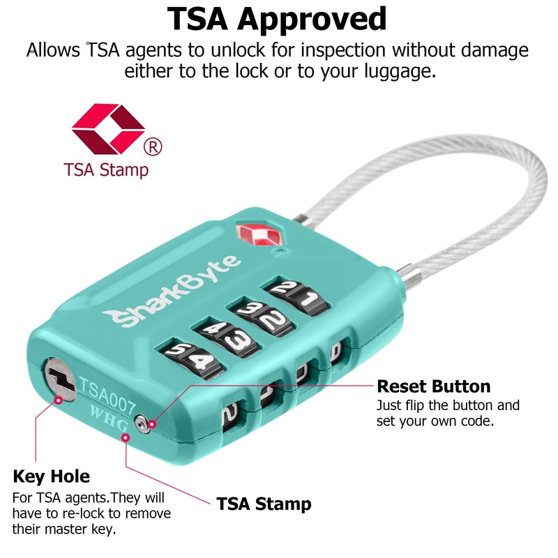 SharkByte TSA Approved Suitcase Locks - 4-Dial Security Travel Combination